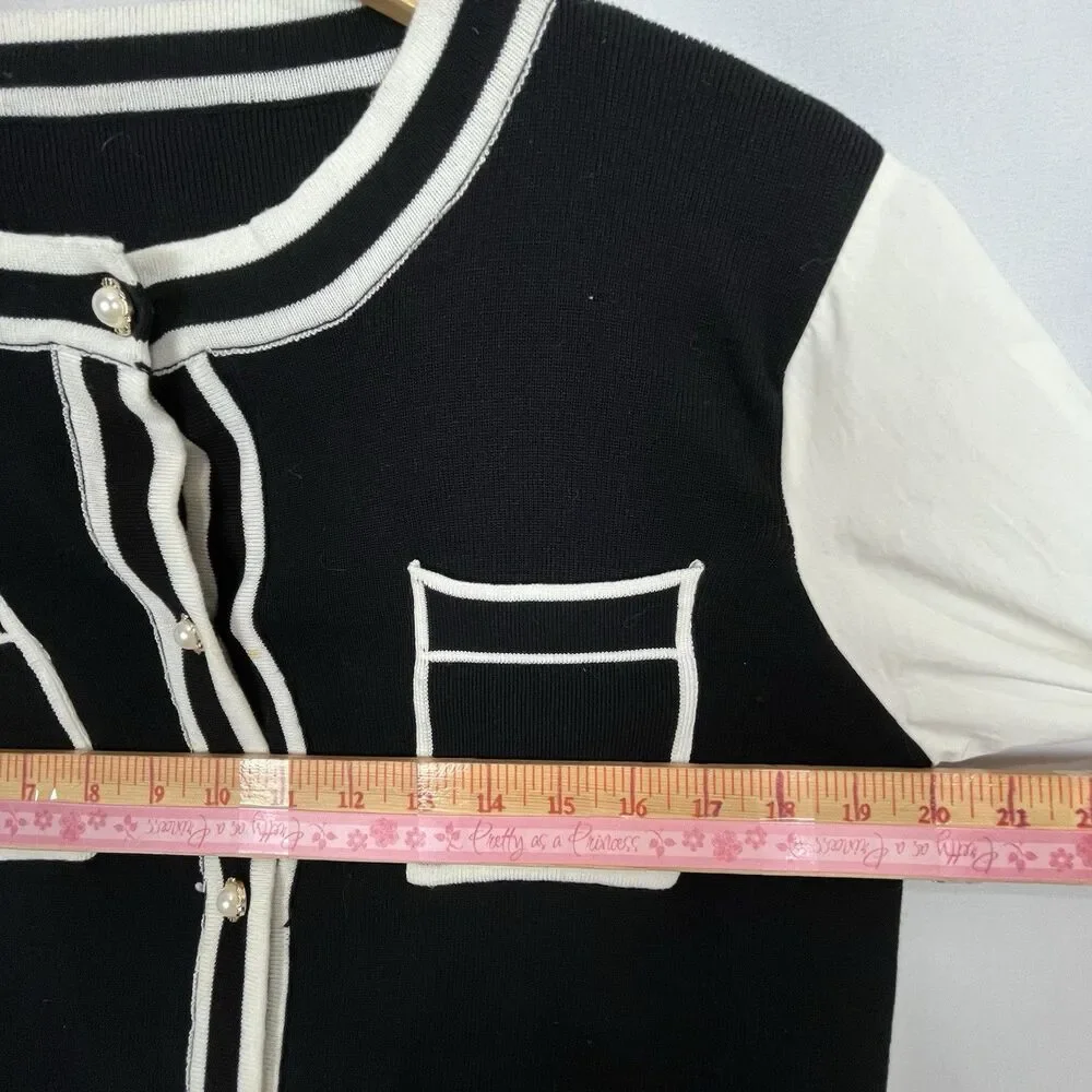 Women Black White Cardigan Pearl Buttons Contrast Trim Knit Elegant Classic